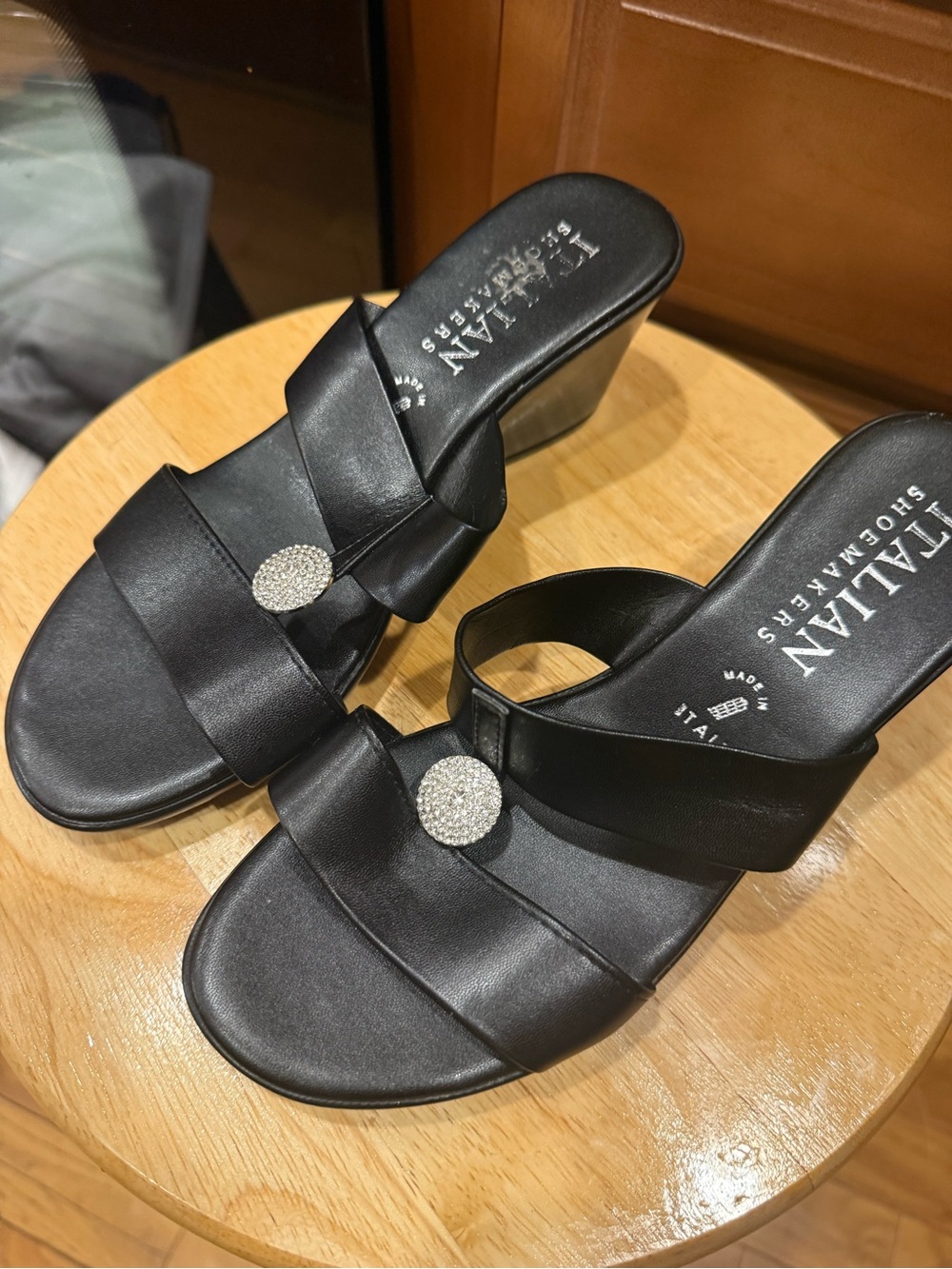Italian Shoemakers Black Satin Slide Mules with Rhinestone Medallion